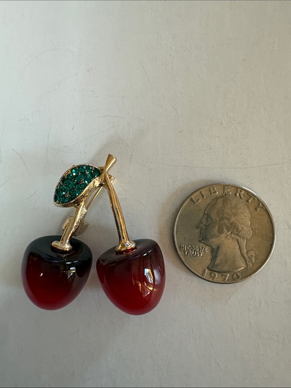 Cherry Pin Brooch with Gold Stem and Green Leaf Accents - Picture 2 of 3